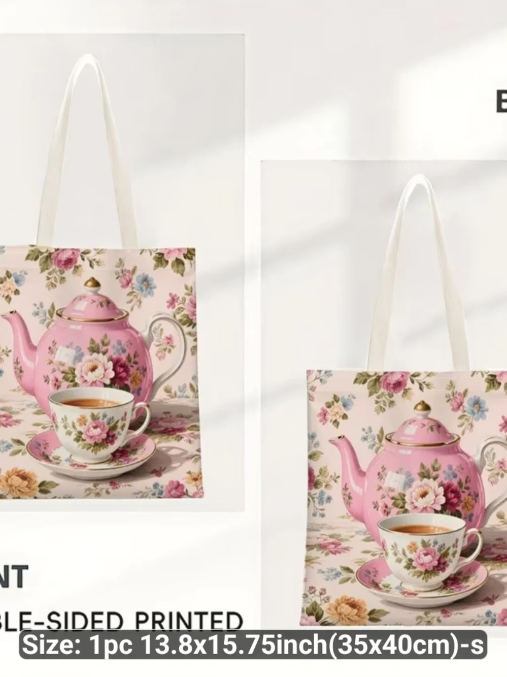 Floral Pink Teapot & Teacup Canvas Tote Bag - Elegant Tea Time Design